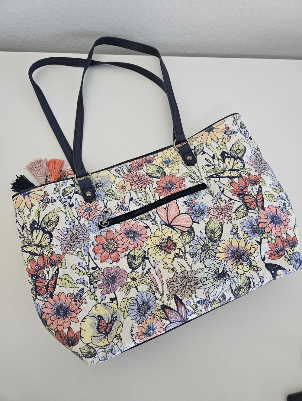 Sakroots | Meadow Straw Floral Butterfly Medium Tote Bag Navy Blue Multi Womens - Picture 6 of 8